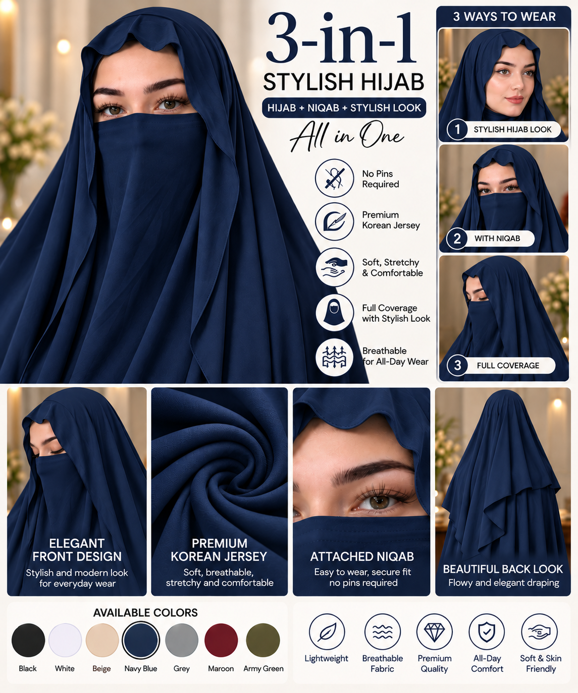 3-in-1 Stylish Hijab with Niqab | Premium Korean Jersey No-Pin Hijab