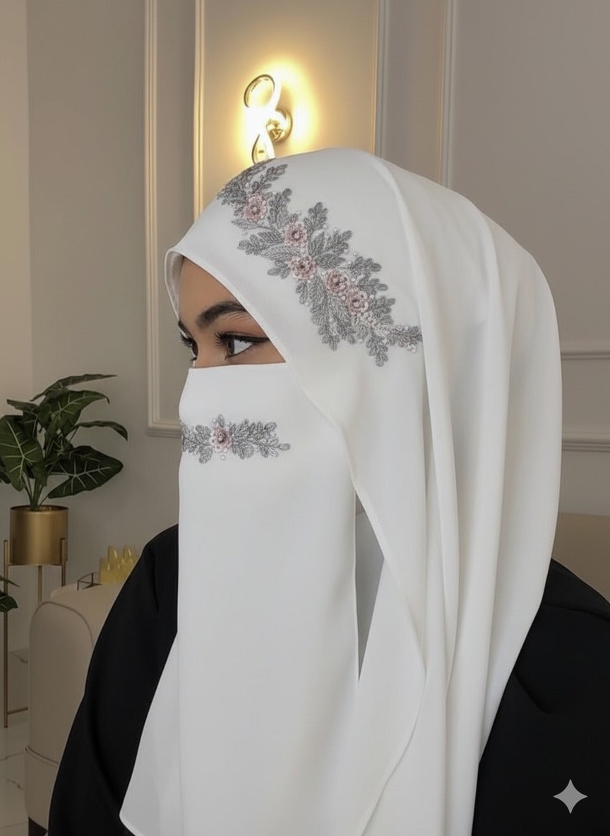 Malaysian Chiffon Hijab With Naqab - Luxury Embroidery Hijab