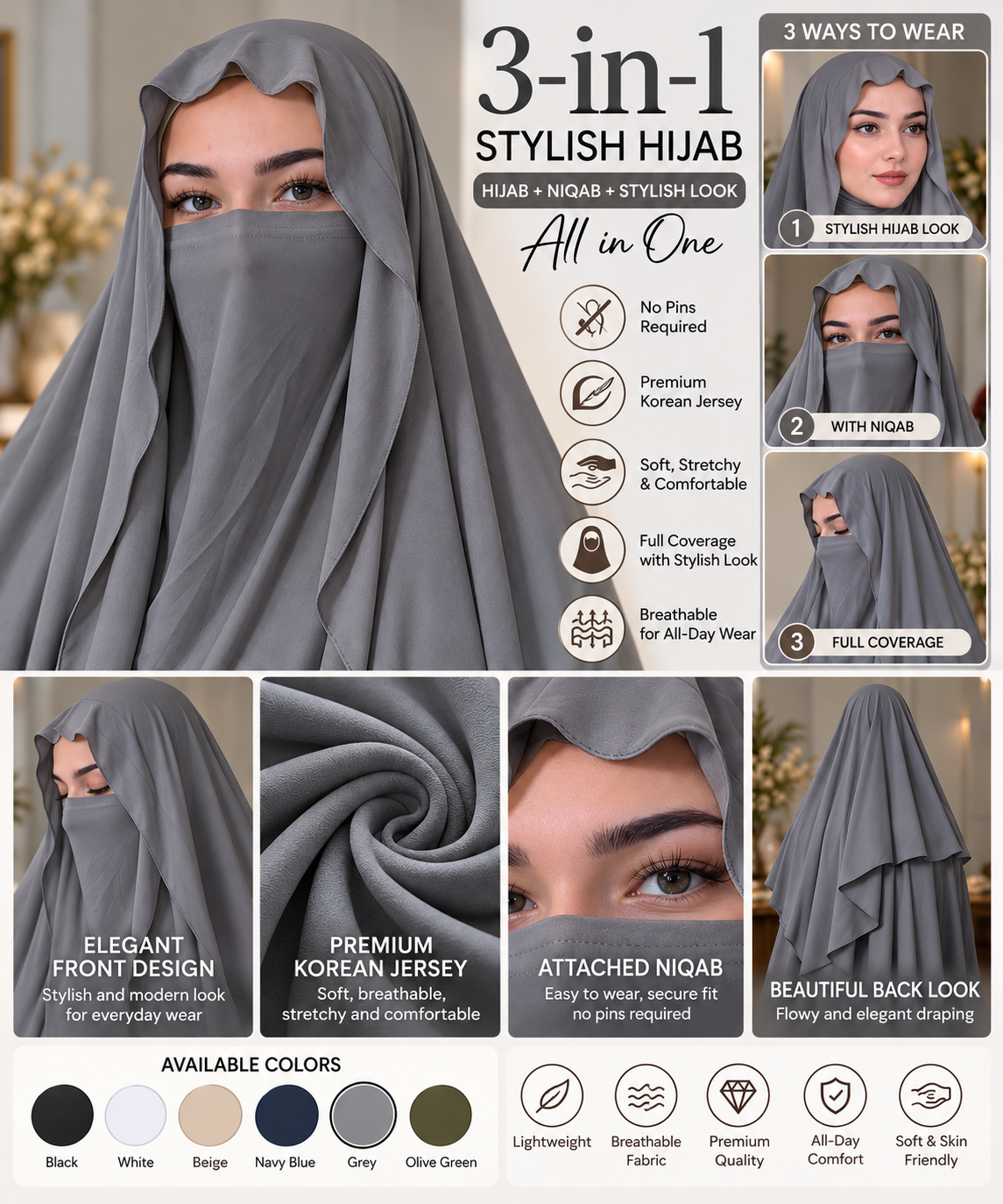3-in-1 Stylish Hijab with Niqab | Premium Korean Jersey No-Pin Hijab
