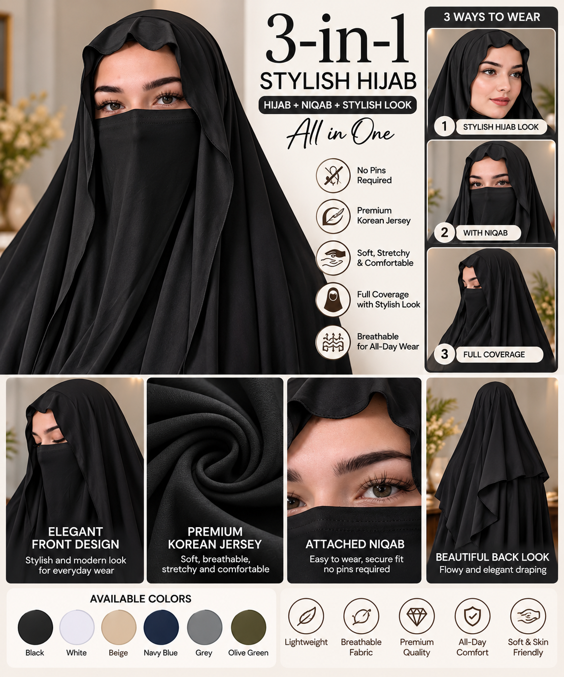 3-in-1 Stylish Hijab with Niqab | Premium Korean Jersey No-Pin Hijab