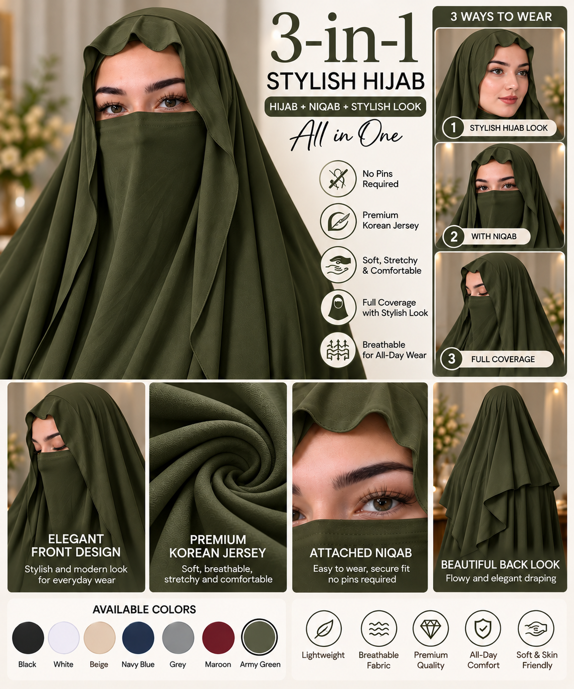 3-in-1 Stylish Hijab with Niqab | Premium Korean Jersey No-Pin Hijab