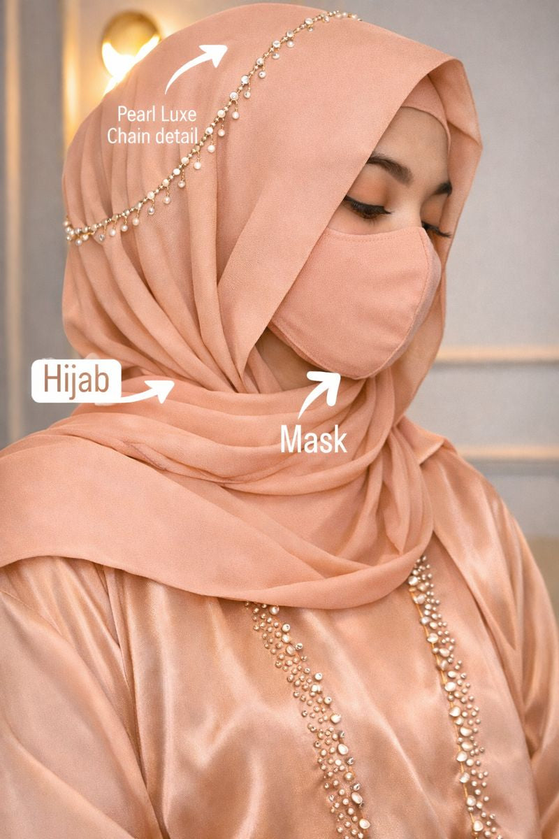 Luxury Chiffon Hijab set with matching mask and diamond pearl chain