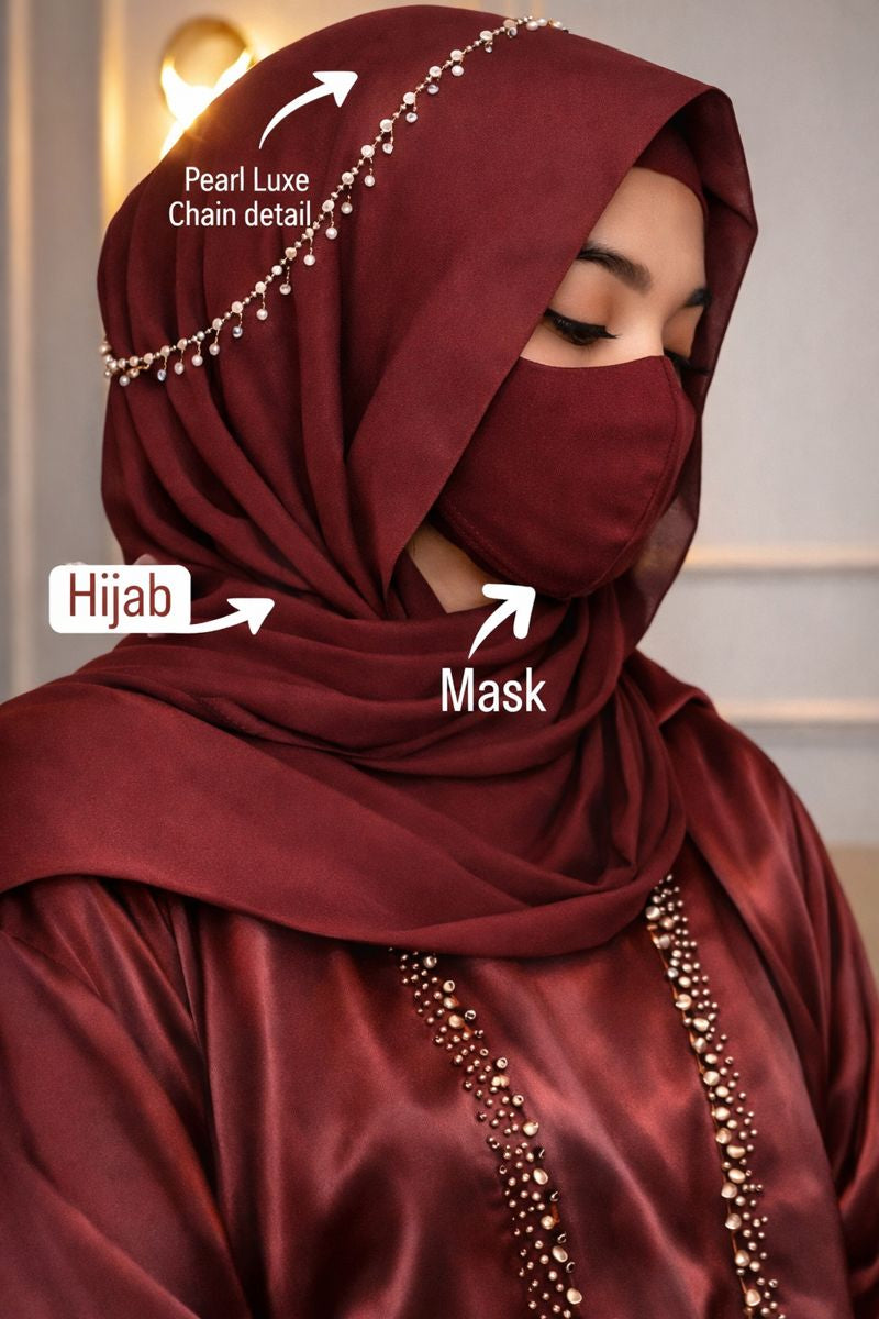 Luxury Chiffon Hijab set with matching mask and diamond pearl chain