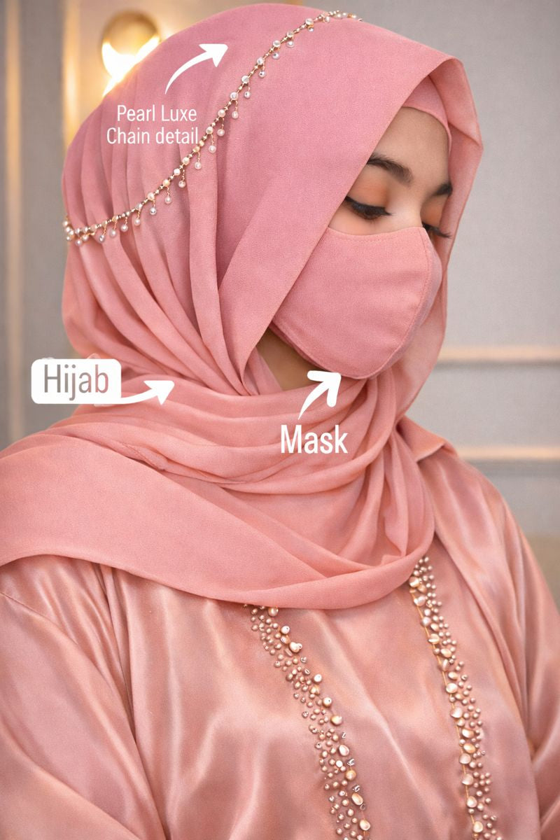 Luxury Chiffon Hijab set with matching mask and diamond pearl chain