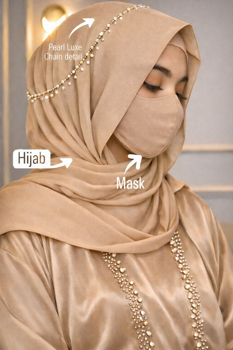 Luxury Chiffon Hijab set with matching mask and diamond pearl chain