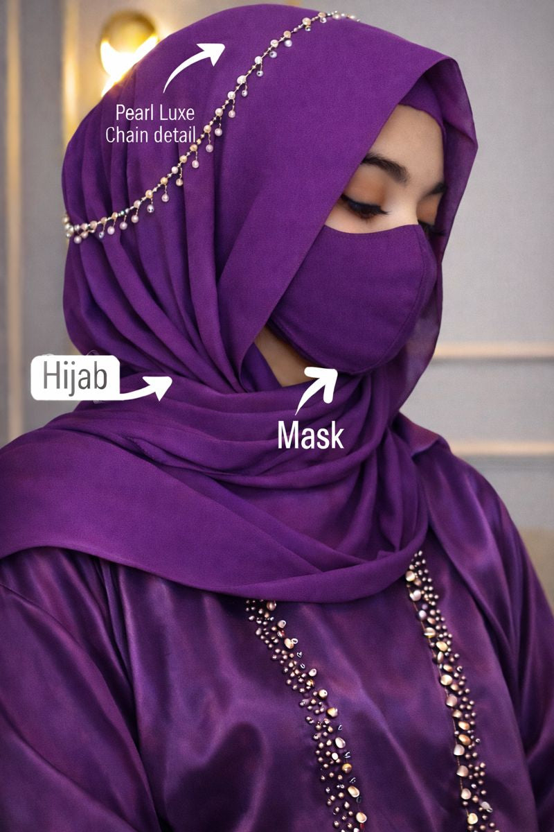 Luxury Chiffon Hijab set with matching mask and diamond pearl chain