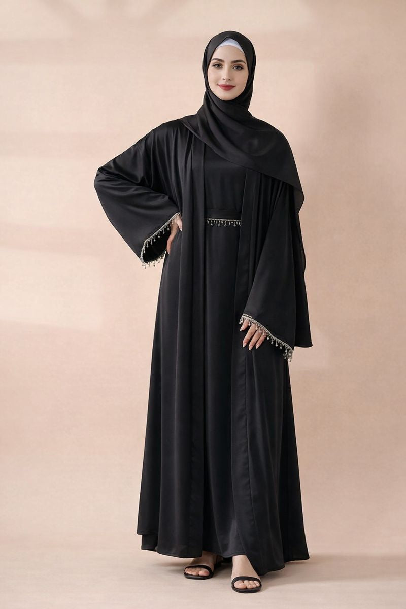 Satin Abaya With Matching Belt Made Of Diamond Tassel