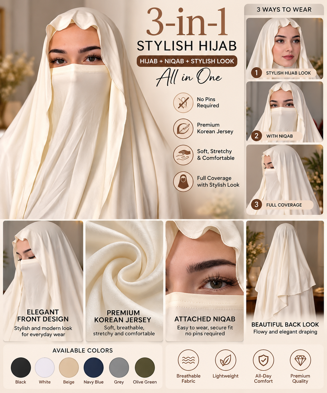 3-in-1 Stylish Hijab with Niqab | Premium Korean Jersey No-Pin Hijab