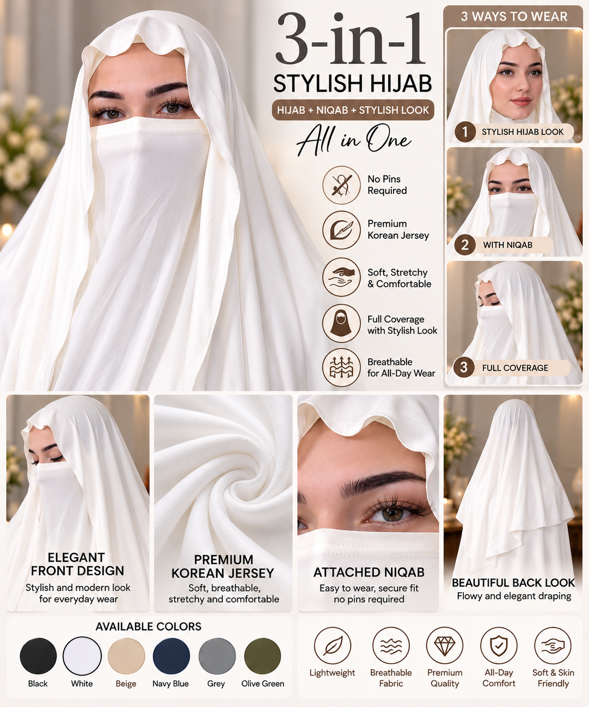 3-in-1 Stylish Hijab with Niqab | Premium Korean Jersey No-Pin Hijab