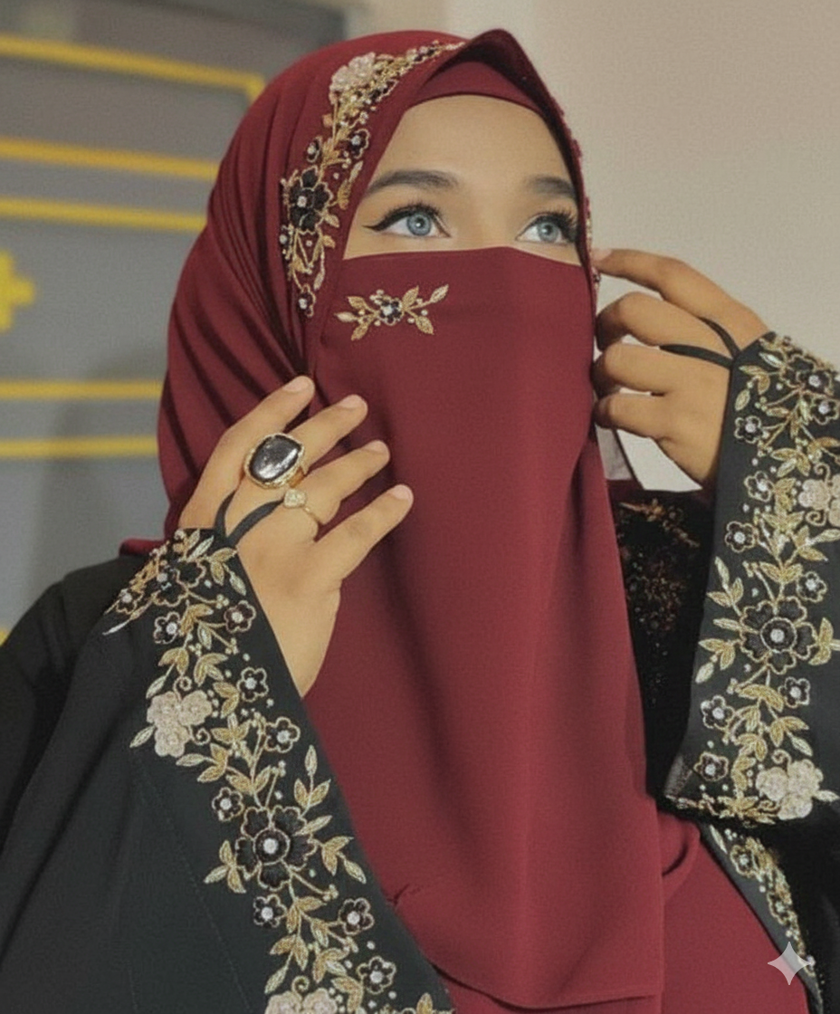 Malaysian Chiffon Hijab With Naqab - Luxury Embroidery Hijab