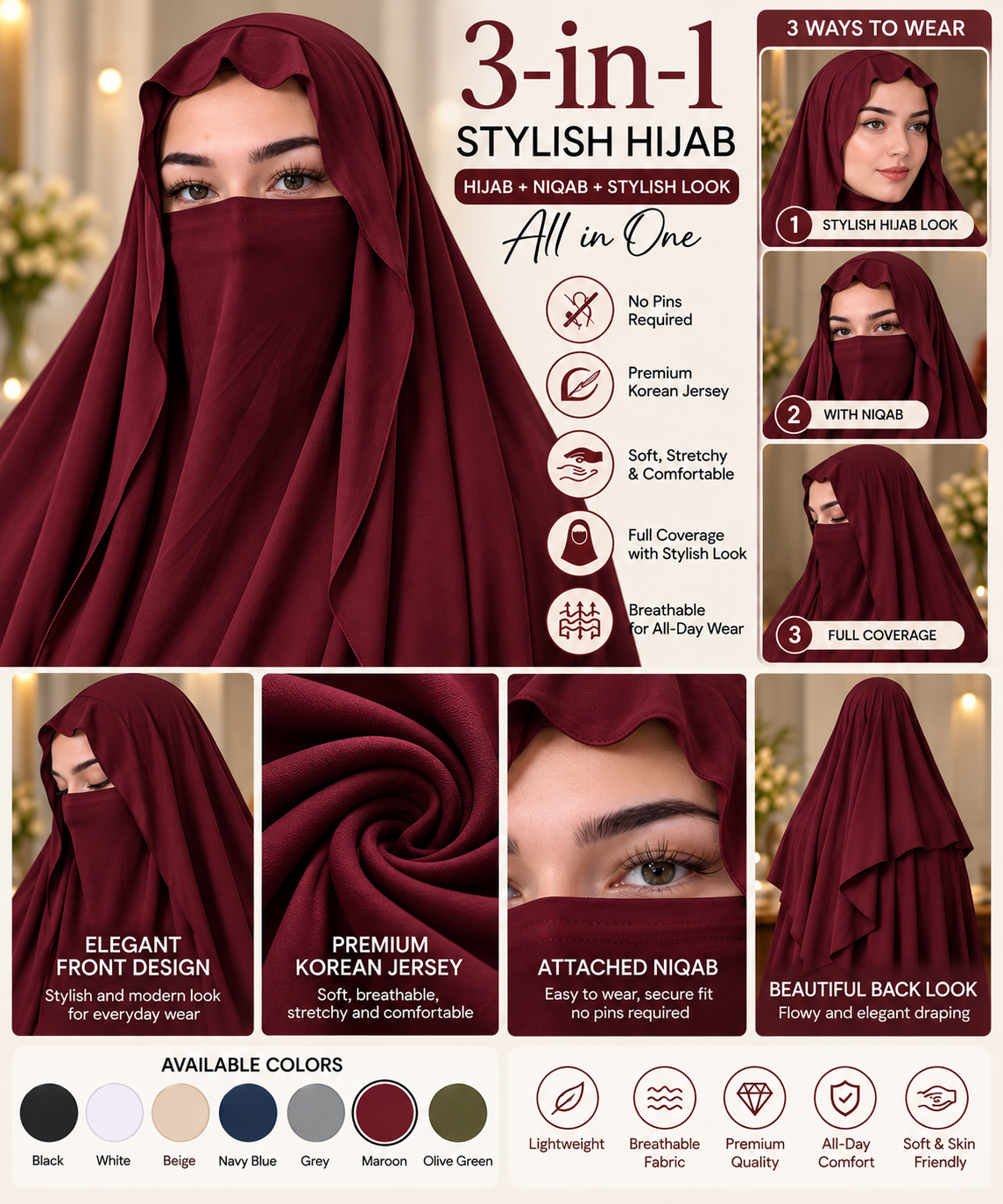 3-in-1 Stylish Hijab with Niqab | Premium Korean Jersey No-Pin Hijab