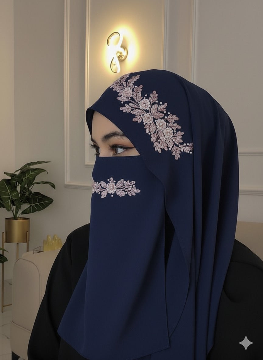 Malaysian Chiffon Hijab With Naqab - Luxury Embroidery Hijab