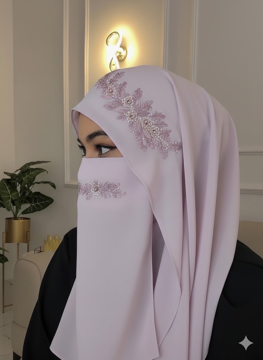 Malaysian Chiffon Hijab With Naqab - Luxury Embroidery Hijab