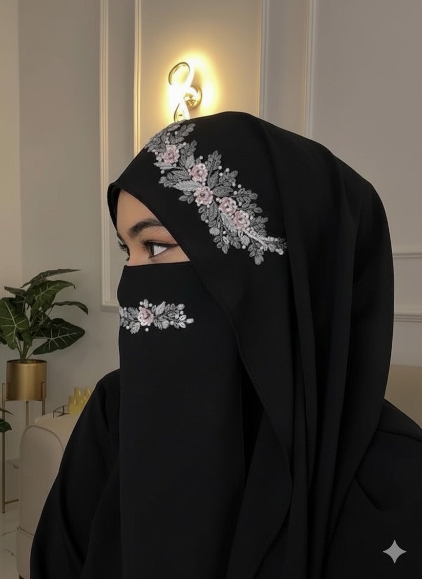 Malaysian Chiffon Hijab With Naqab - Luxury Embroidery Hijab
