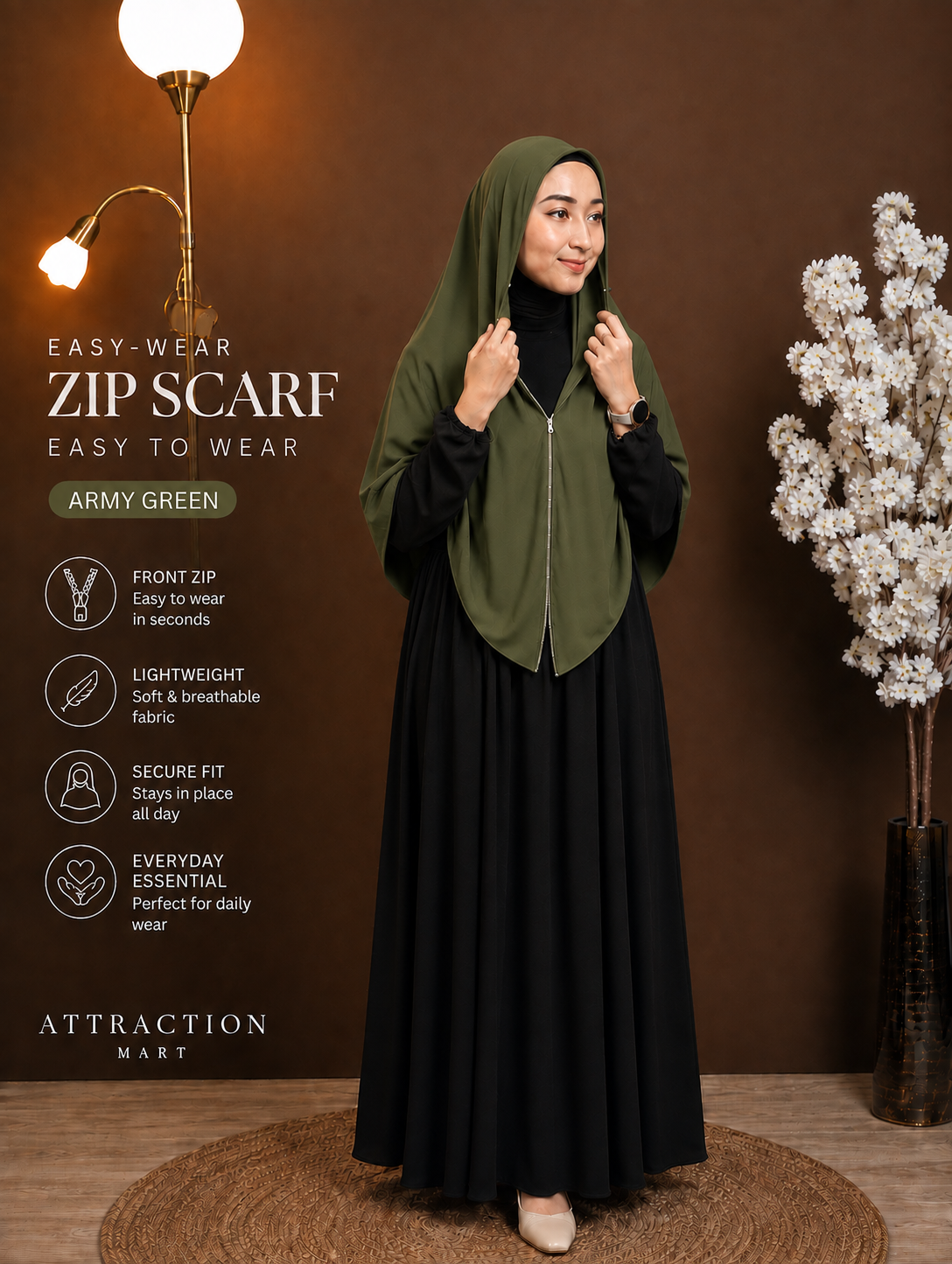 Easy-Wear Zip Scarf Army Green Premium Chiffon