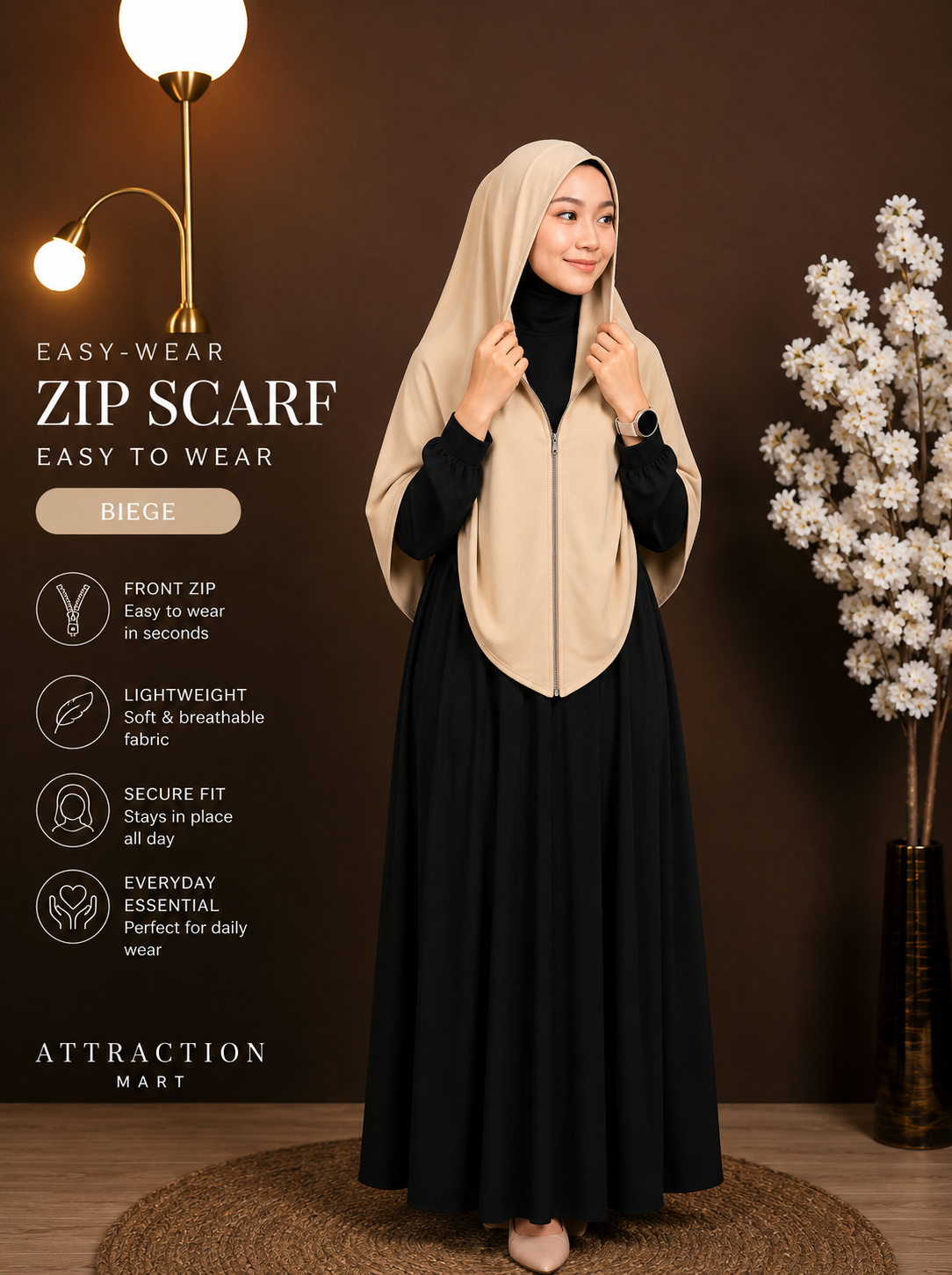 Easy-Wear Zip Scarf Beige Premium Chiffon