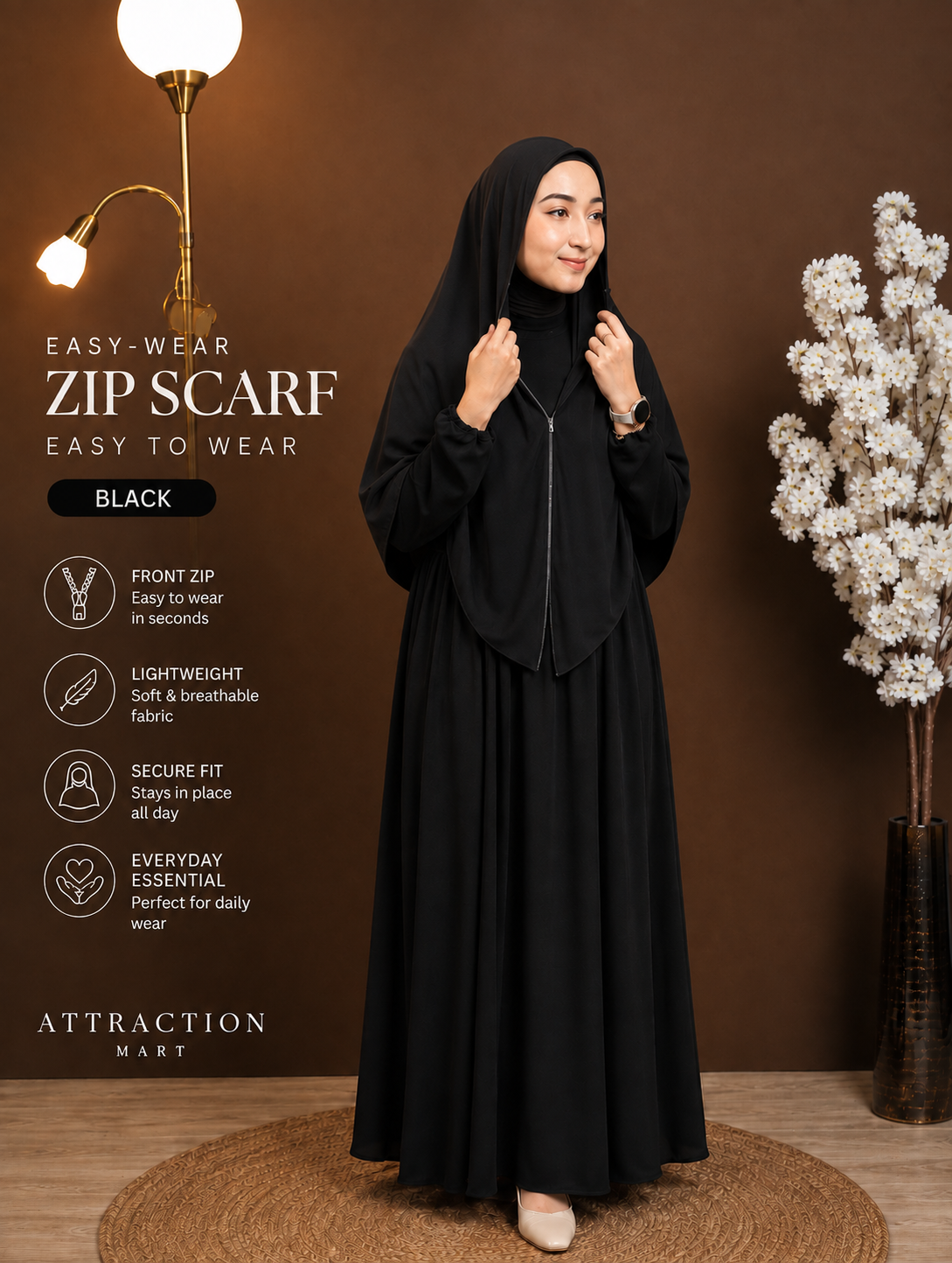 Easy-Wear Zip Scarf Black Premium Chiffon