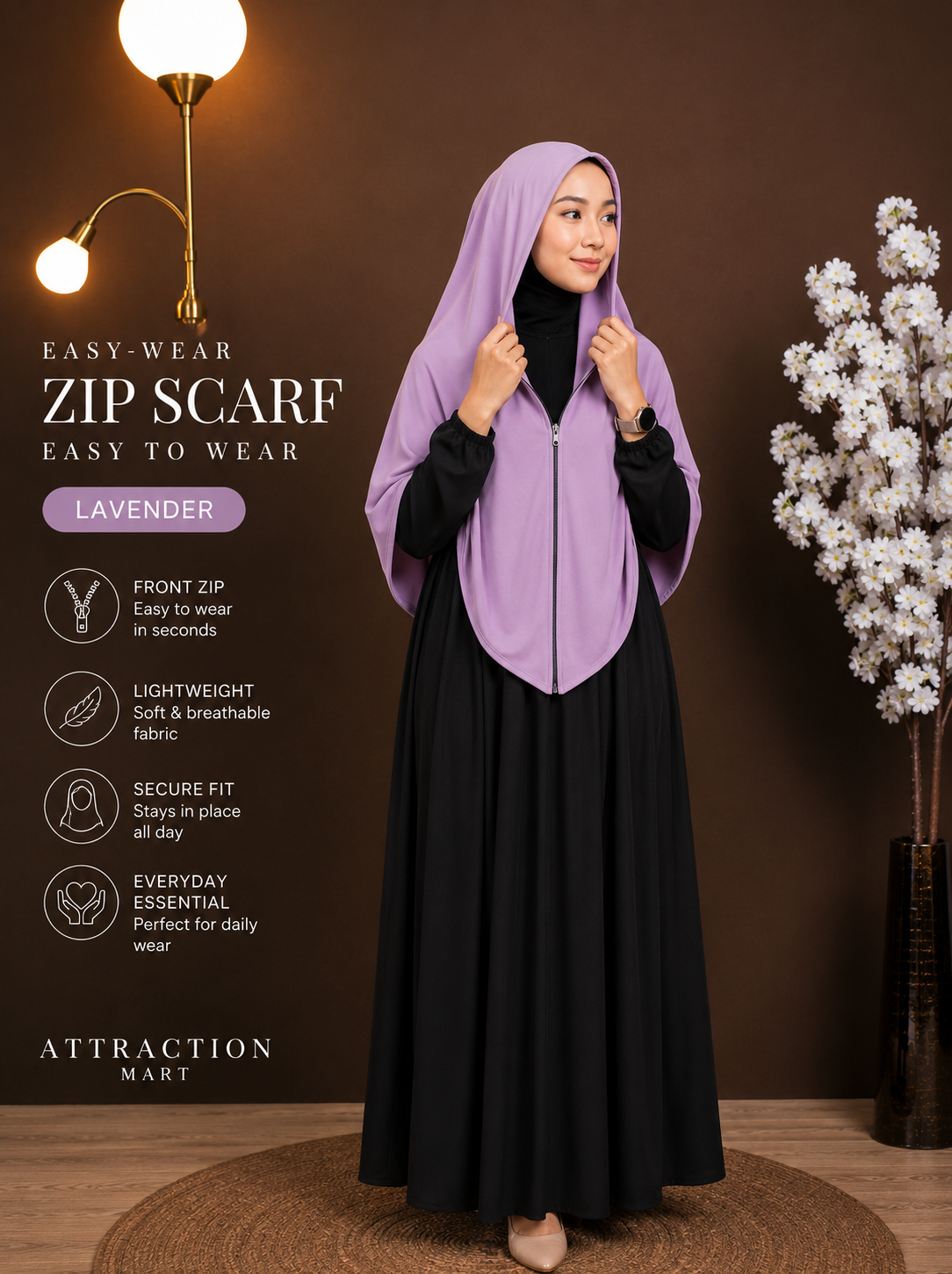 Easy-Wear Zip Scarf Lavender Premium Chiffon