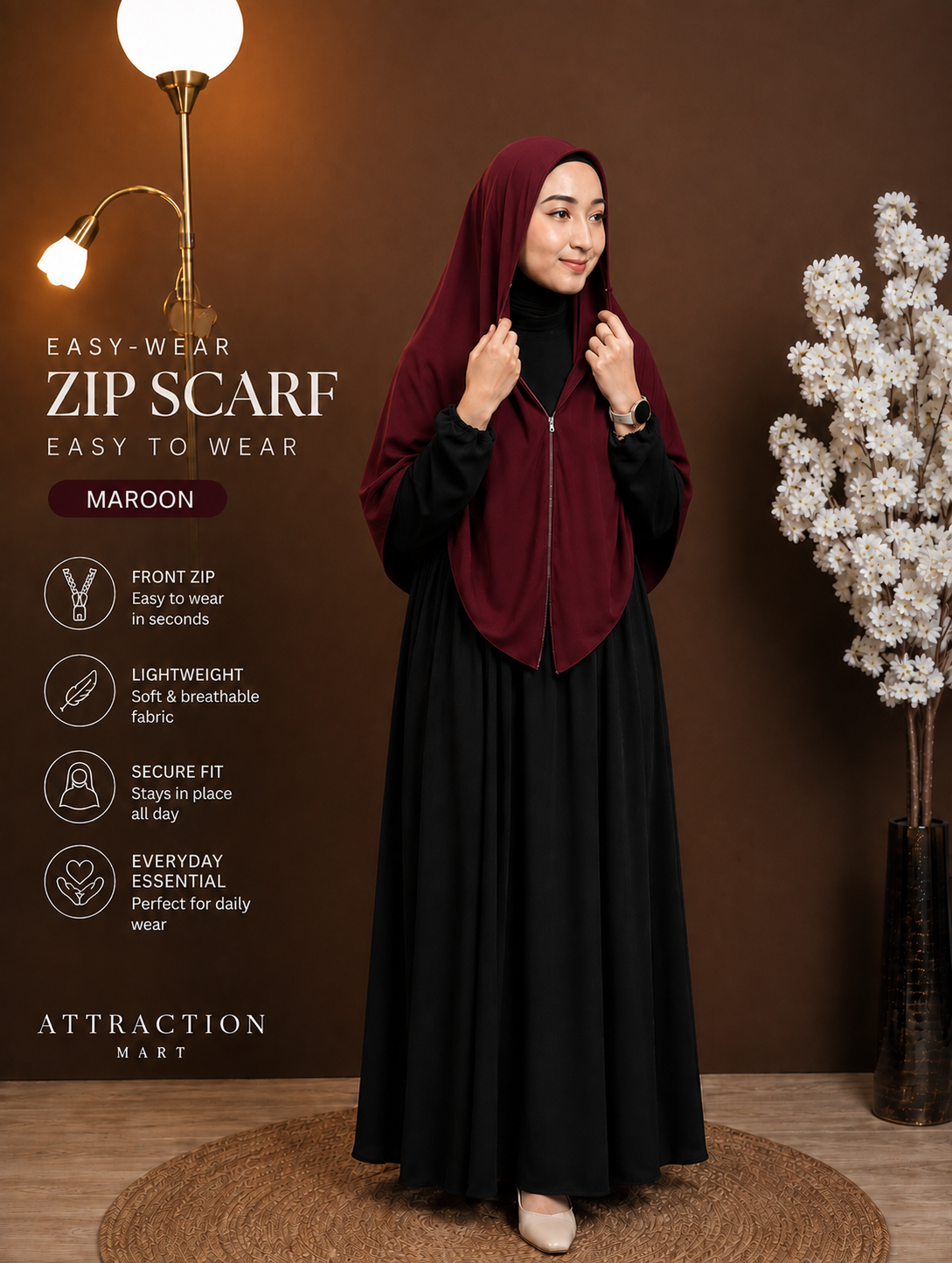 Easy-Wear Zip Scarf Maroon Premium Chiffon