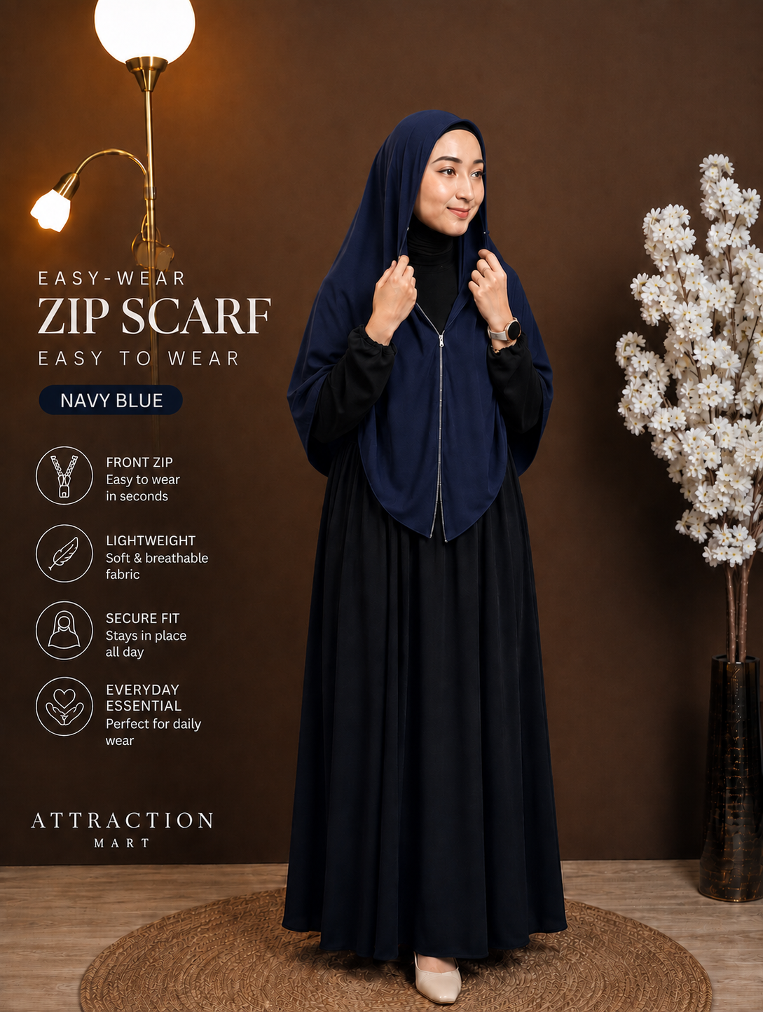 Easy-Wear Zip Scarf Navy Blue Premium Chiffon