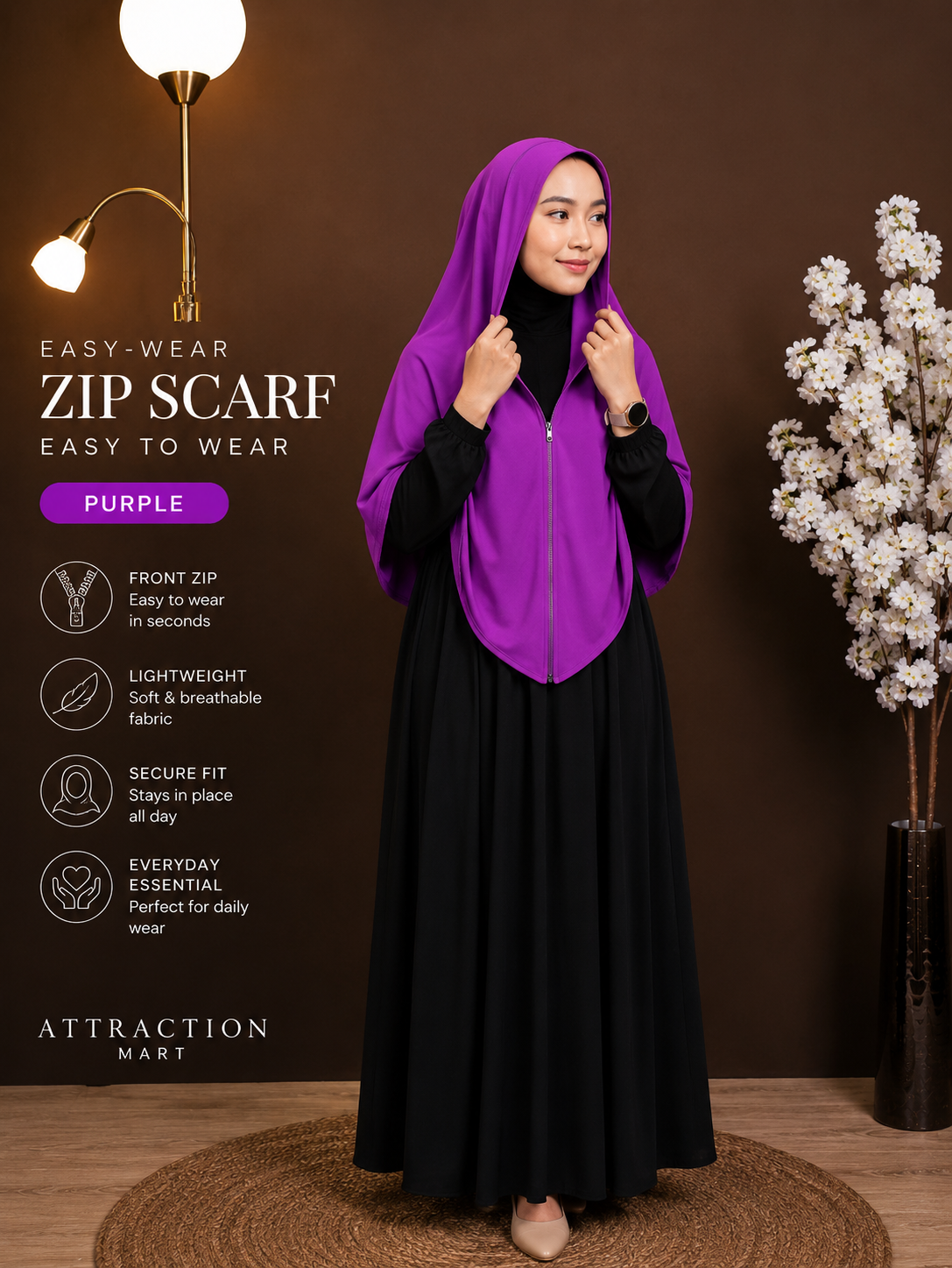 Easy-Wear Zip Scarf Purple Premium Chiffon
