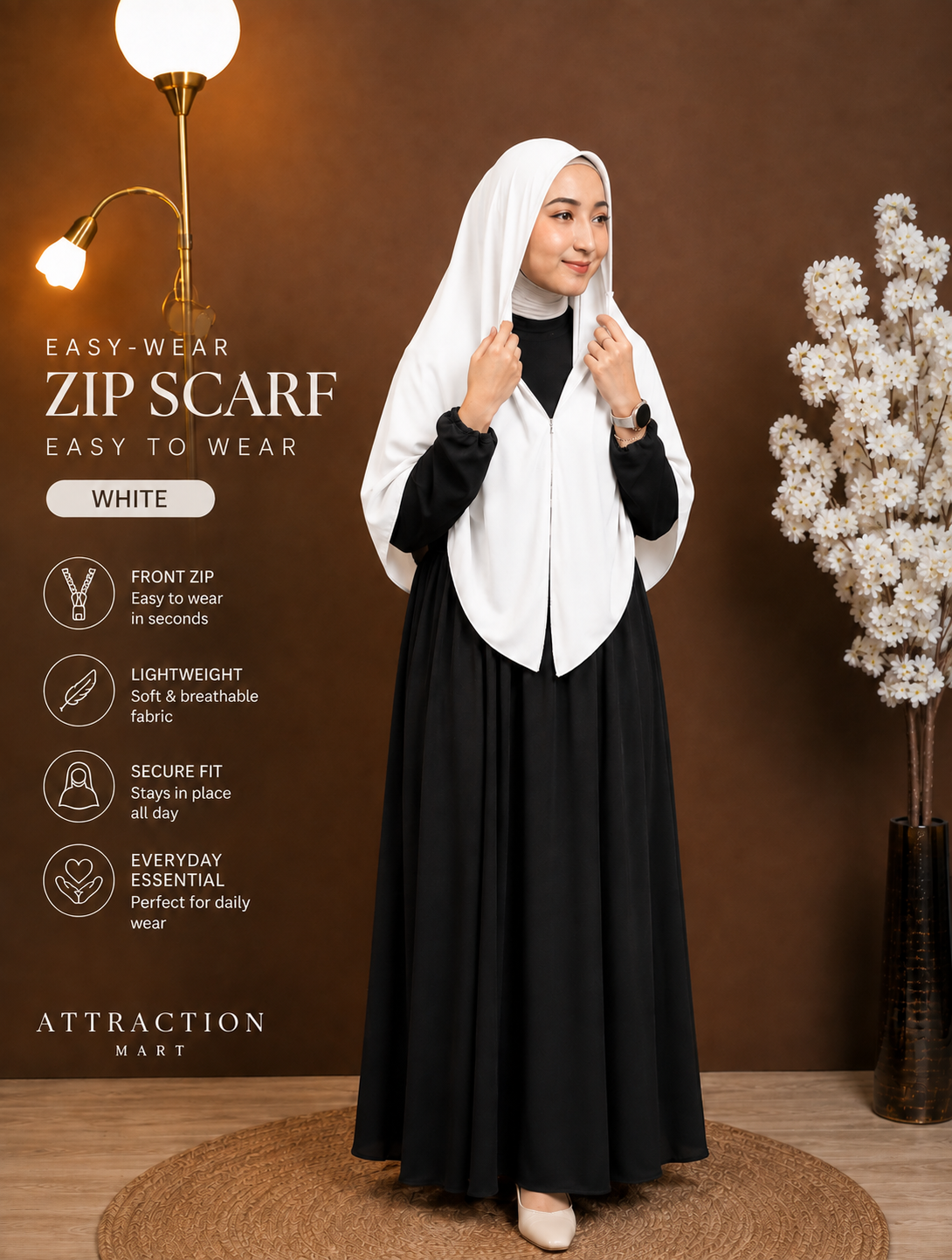 Easy-Wear Zip Scarf White Premium Chiffon
