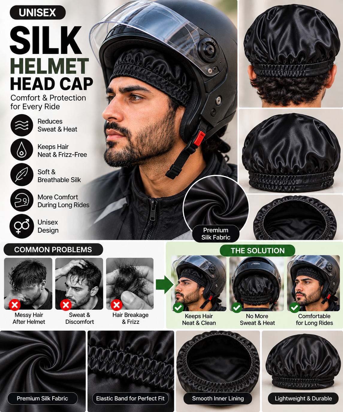 Black Silk Helmet Head Cap worn under motorcycle helmet