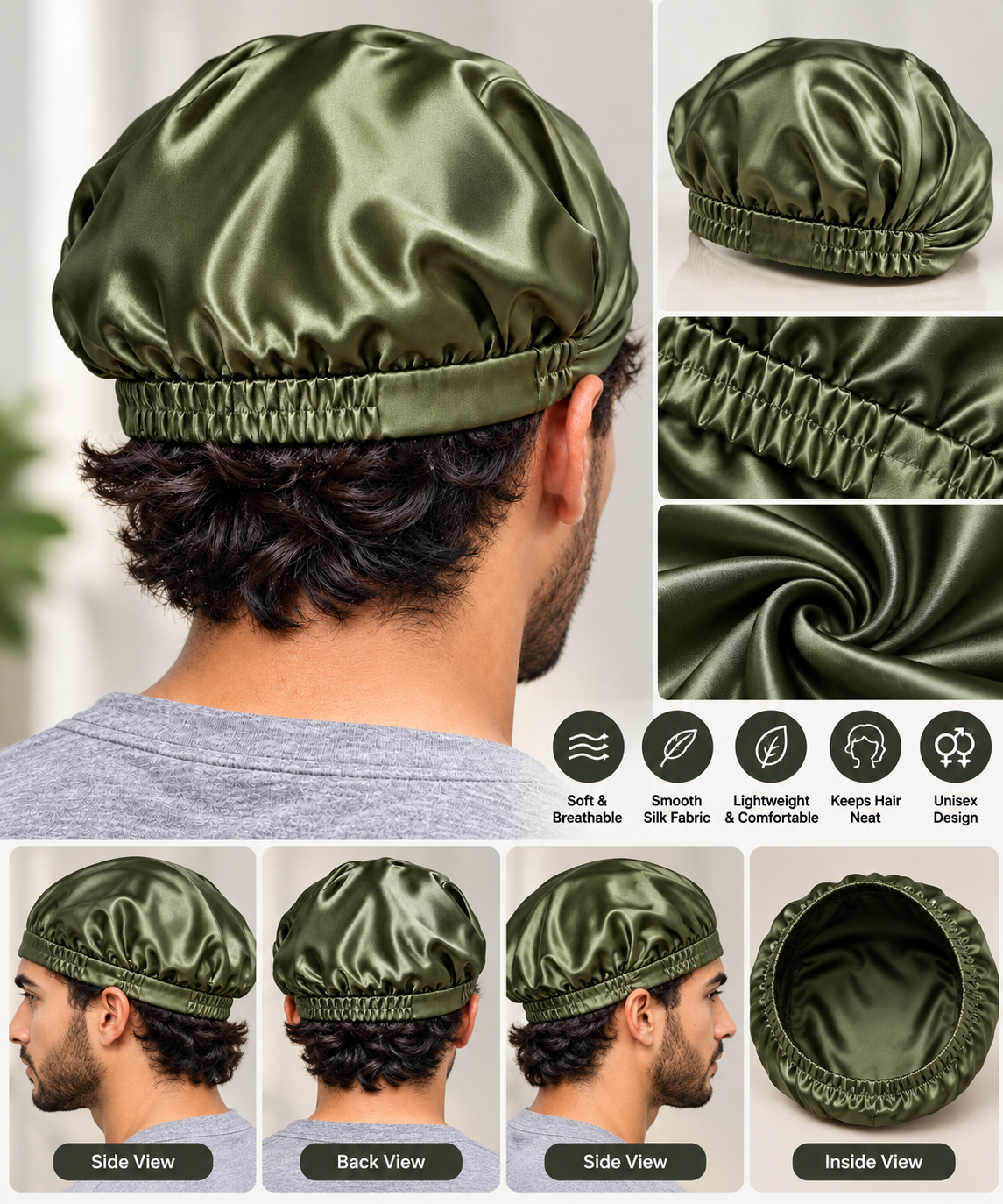 Olive Green Silk Helmet Head Cap product