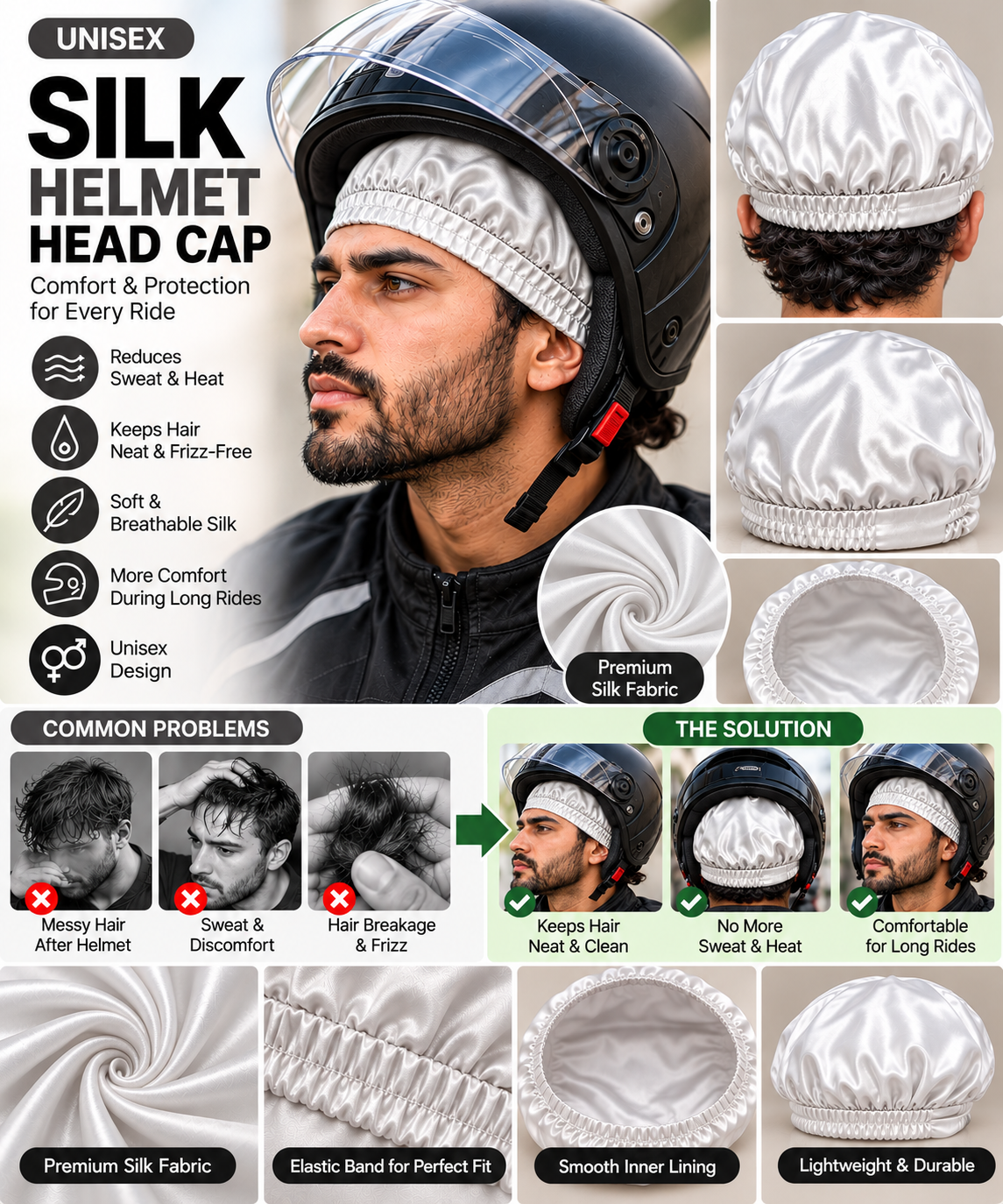 White Silk Helmet Head Cap worn under motorcycle helmet